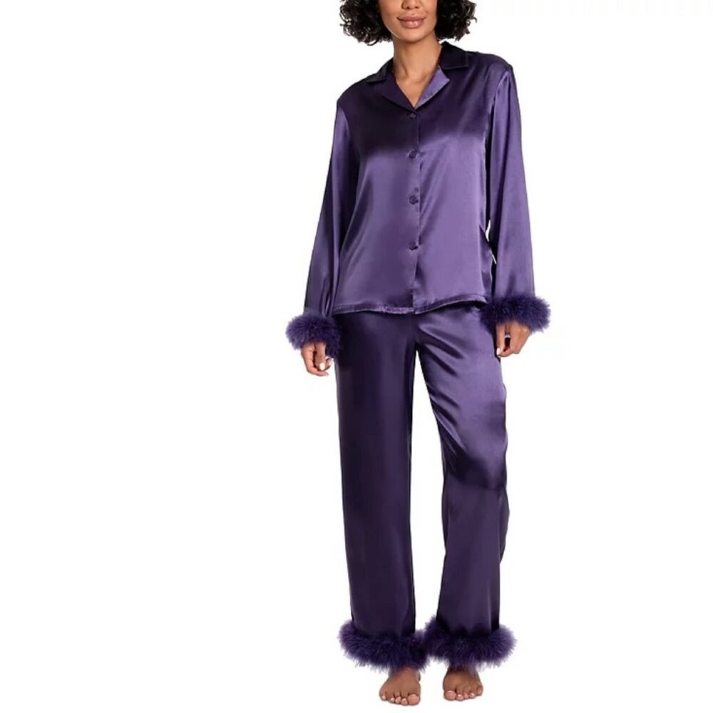 Size XL Linea Donatella Women's Marabou Feather-Trimmed PURPLE Satin Pajama Set